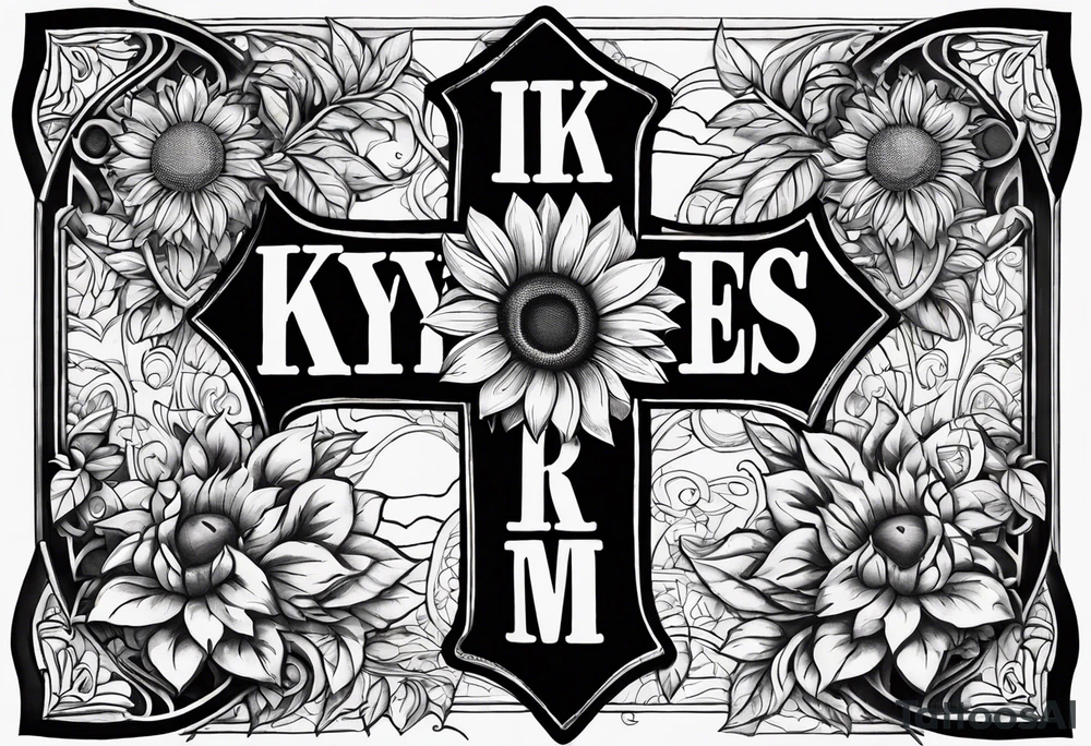 A cross with my family’s names on it names are Peter Lori Kyle and around Peter’s name put a motercycle and a bear around loris name put a sunflower and a heart and around Kyle’s name put a baseball and electricity tattoo idea