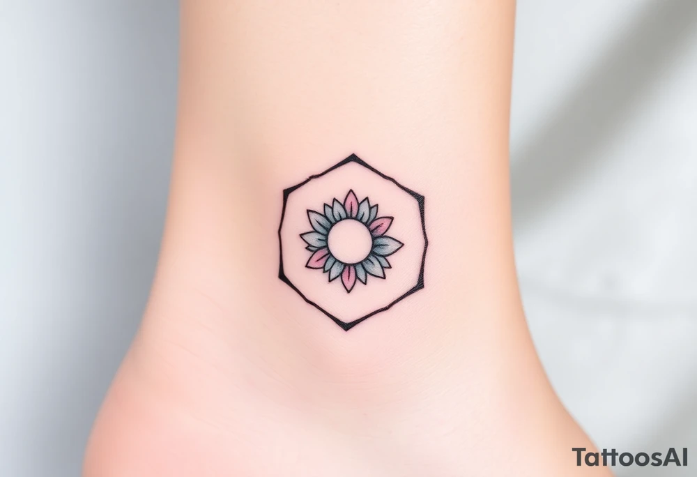 Faint Hexagon with astrological sign for Leo, larkspur and water lilies in the center tattoo idea