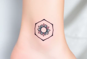 Faint Hexagon with astrological sign for Leo, larkspur and water lilies in the center tattoo idea