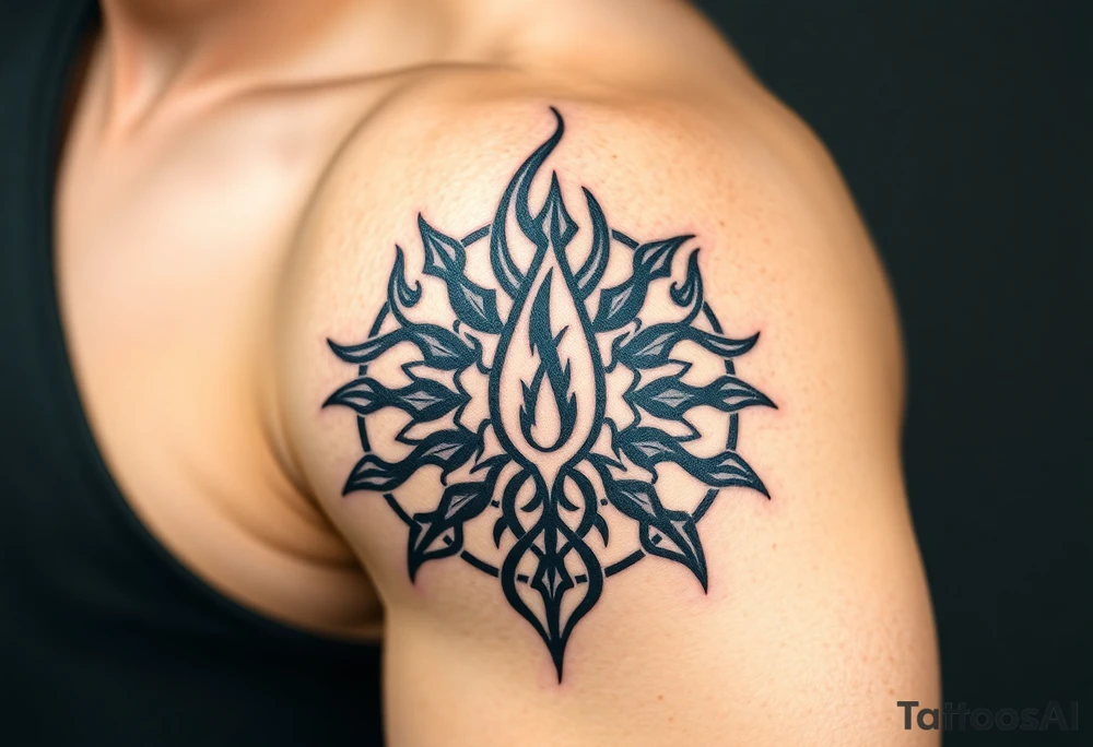 flame in a blooming roots circle tattoo idea