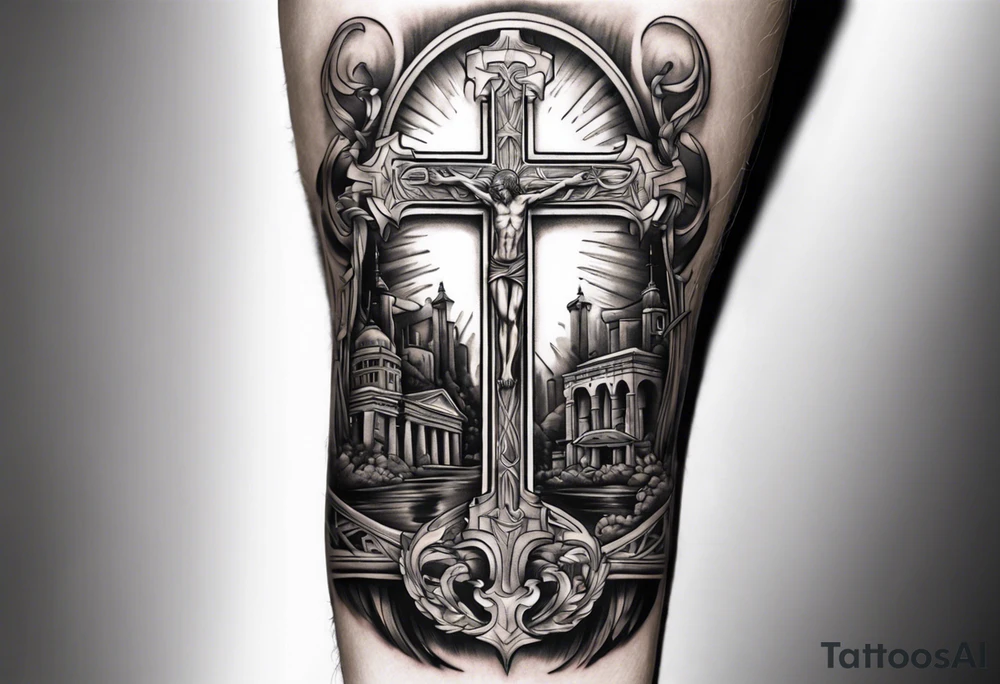Inner bicep, stretched horizontally, bridge leading to a cross tattoo idea