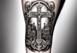 Inner bicep, stretched horizontally, bridge leading to a cross tattoo idea