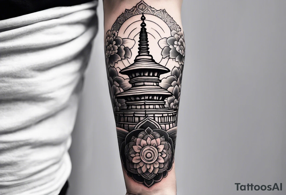 The back of a forearm tattoo with the background as a world map surrounded by a mandala with a Buddhist stupa at the bottom tattoo idea