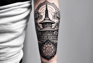 The back of a forearm tattoo with the background as a world map surrounded by a mandala with a Buddhist stupa at the bottom tattoo idea