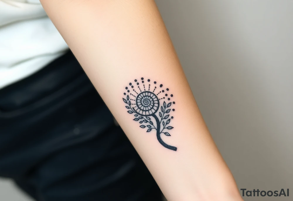 Fibonacci spiral shell on side of base of tree full of lots of leaves tattoo idea