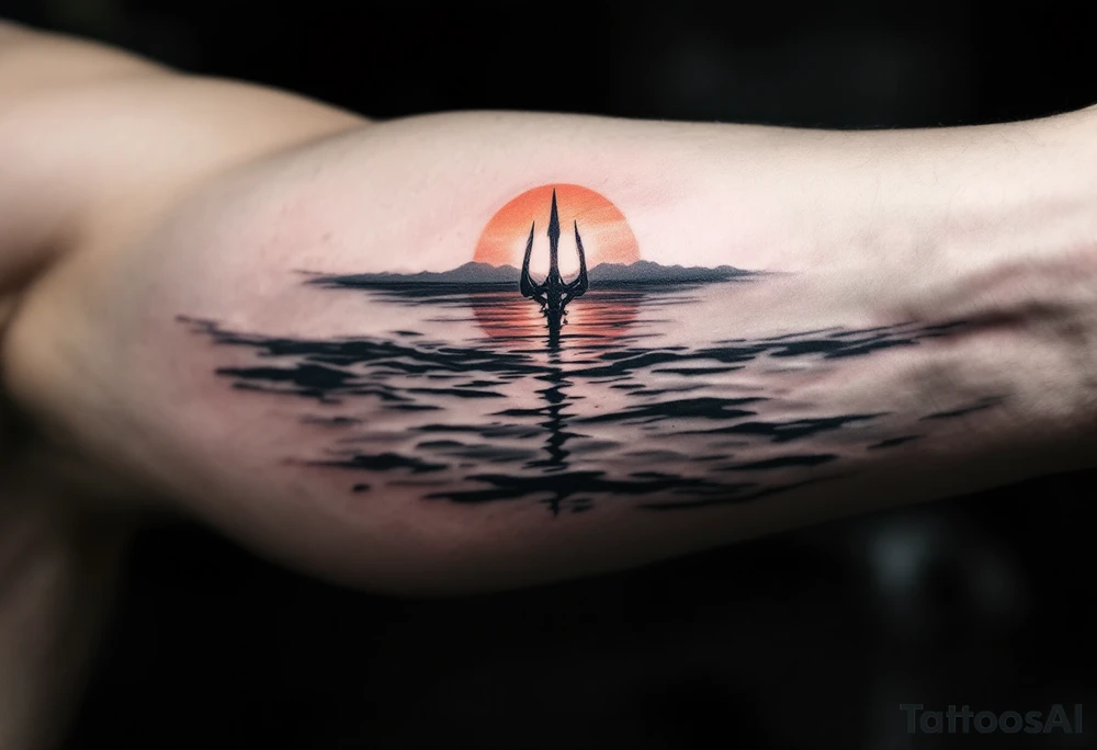 trident half way under calm water at sunset tattoo idea