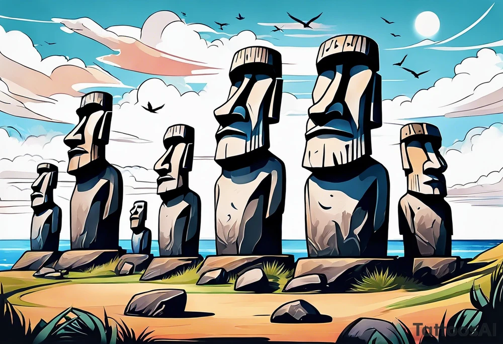 For Easter island heads on an island landscape with hawks circling above tattoo idea