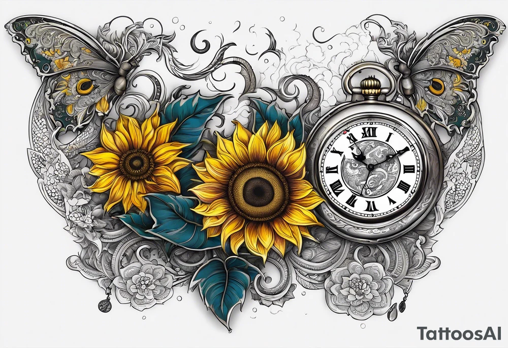 Sunflower, paisley, moon, 3 old fashioned pocket watches, witch tattoo idea