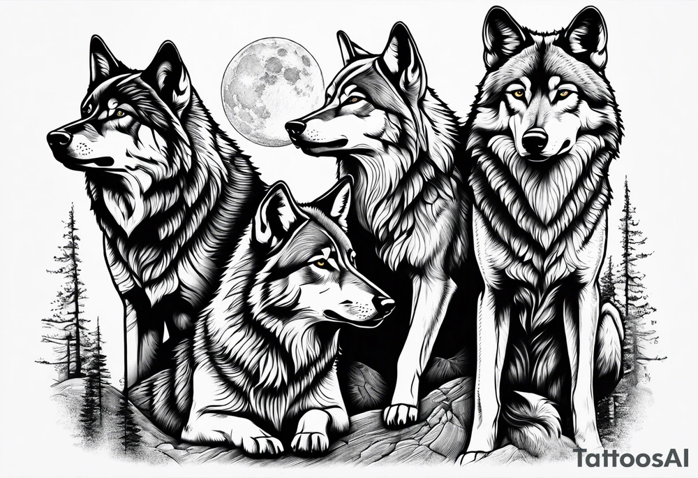 6 wolfs howling at moon tattoo idea