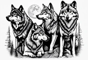 6 wolfs howling at moon tattoo idea