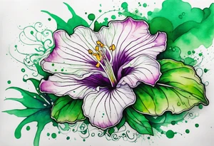 An outline of an only green rio dipladenia flower and a green and purple watercolor splash in the background tattoo idea