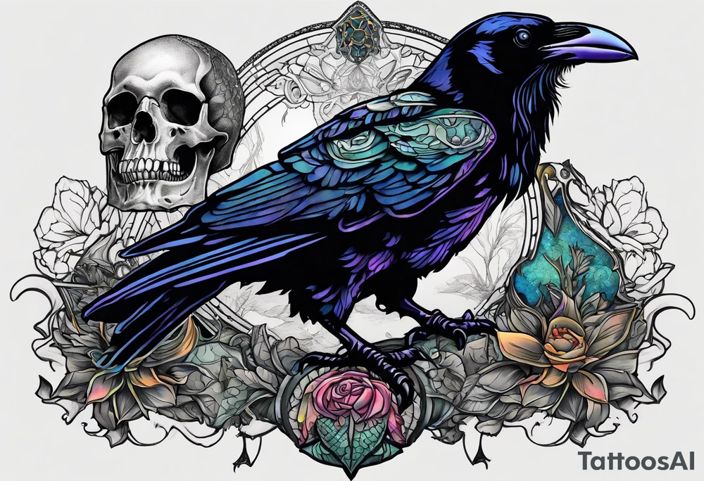 Raven overlooking a ornate cow skull and a decaying snapping turtle tattoo idea