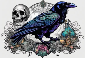 Raven overlooking a ornate cow skull and a decaying snapping turtle tattoo idea