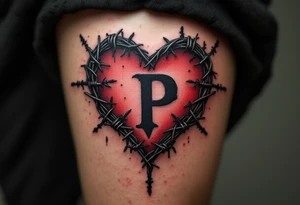 A barbed-wire heart with a distressed blackletter "P", representing love that endures hardship. tattoo idea