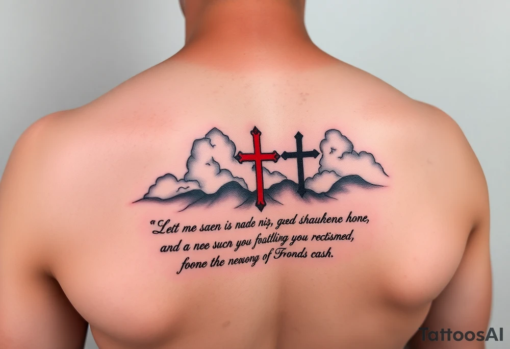 Red and black ink  tattoo on left inner arm with bible verse the background faint clouds and 3 crosses one red in the middle under a chosen wrist tattoo before the hand/palm tattoo idea