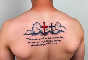 Red and black ink  tattoo on left inner arm with bible verse the background faint clouds and 3 crosses one red in the middle under a chosen wrist tattoo before the hand/palm tattoo idea