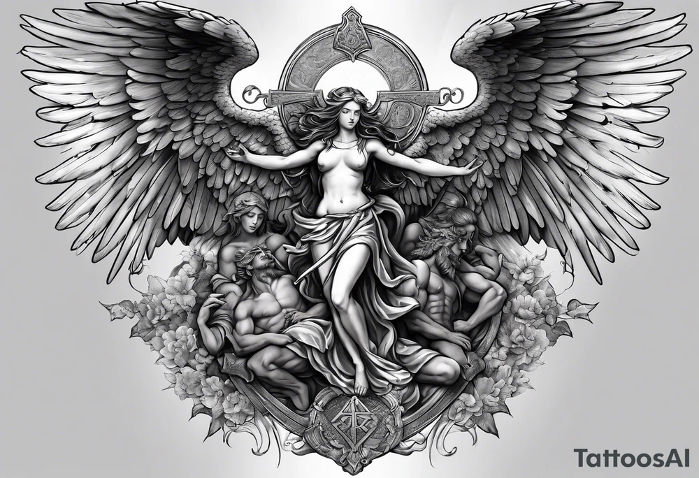 Full back piece depicting the war between angels above and demons below. Make the angels biblically accurate such as seraphim, ophanim, virtues, etc tattoo idea