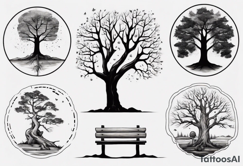 Matching Tattoo about a tree next to a log bench tattoo idea