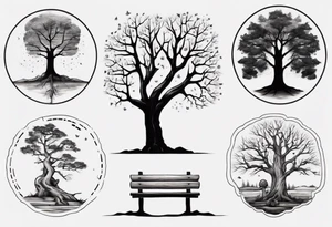 Matching Tattoo about a tree next to a log bench tattoo idea
