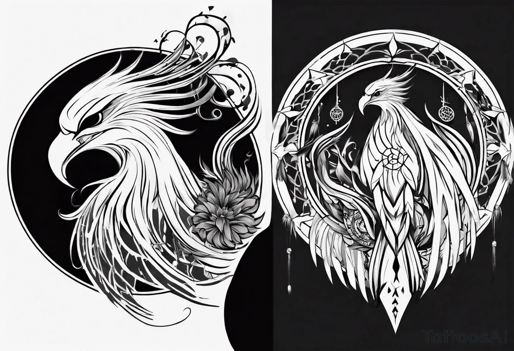 Vertical open mouthed Phoenix in circle with abstract dream catcher tail tattoo idea