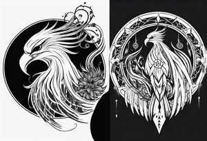 Vertical open mouthed Phoenix in circle with abstract dream catcher tail tattoo idea