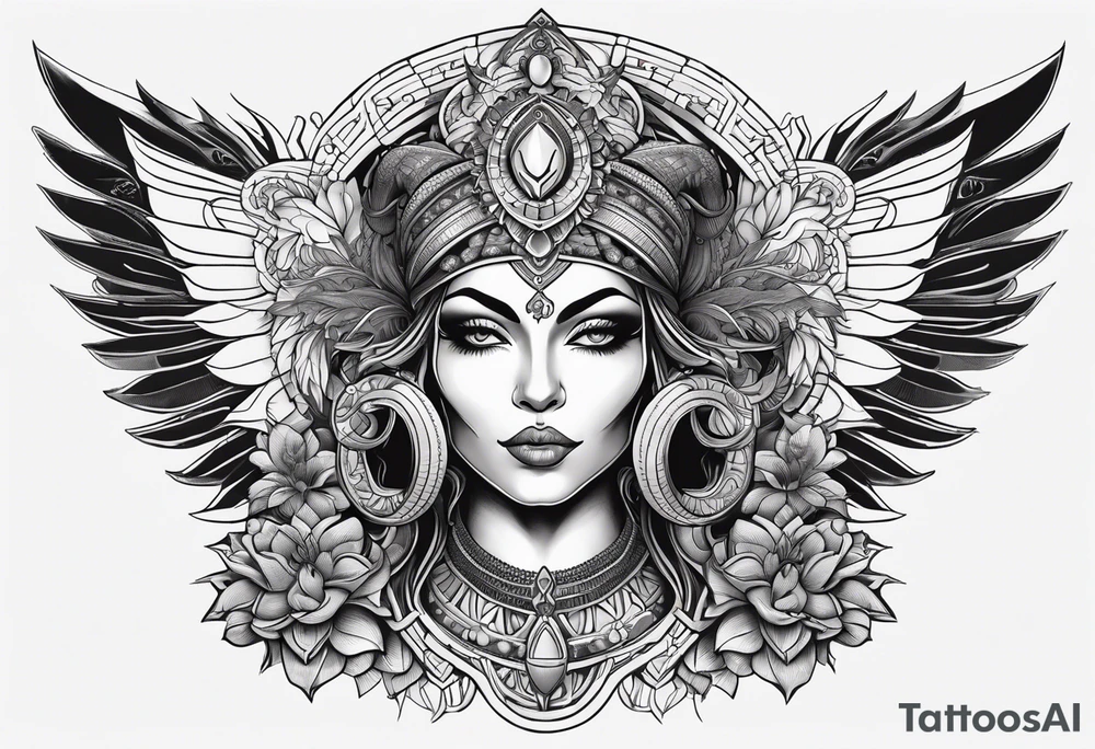 kali, alien goddess, valkrye, pirate, zenza, lotus, wing, pachamama, skull tattoo idea