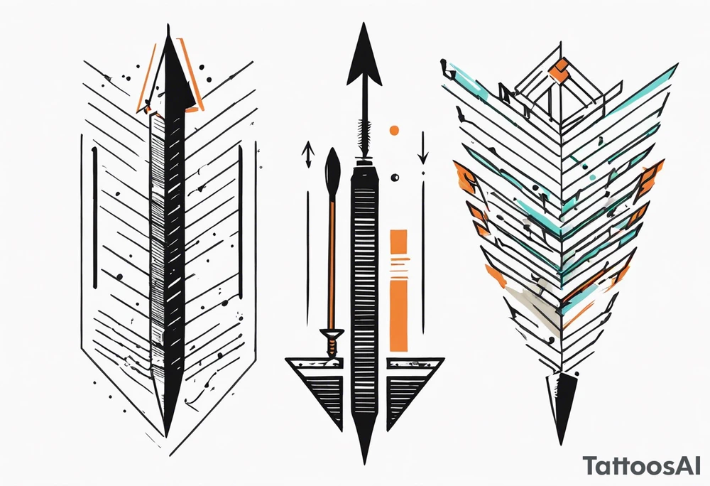 three basic parallel arrows. the first arrow broken near the flight. the second middle arrow in tact. the third arrow broken near the head. including the morse code for JAK in the design. tattoo idea