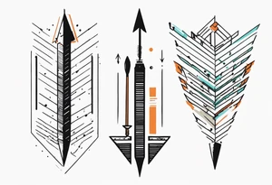 three basic parallel arrows. the first arrow broken near the flight. the second middle arrow in tact. the third arrow broken near the head. including the morse code for JAK in the design. tattoo idea