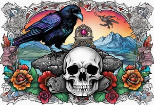 Raven overlooking a ornate cow skull and a decaying snapping turtle tattoo idea