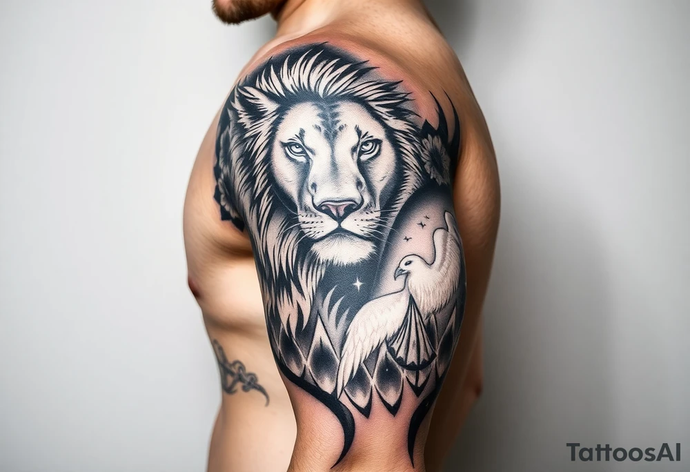 Lion face on, phoenix face on rising from ashes to night sky and subtle Leo zodiac tattoo idea