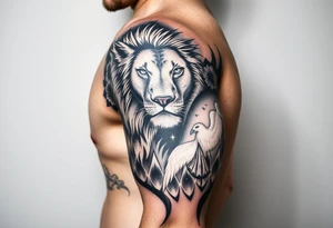 Lion face on, phoenix face on rising from ashes to night sky and subtle Leo zodiac tattoo idea