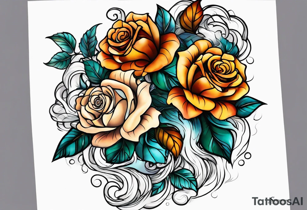 thigh tattoo with fall colors showing, flowers, roses, water flow, and sky tattoo idea