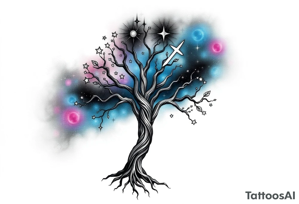 Tree of life at night sign stars and nebulae tattoo idea