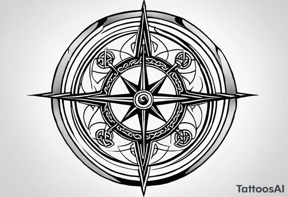 A compass with a labyrinth on the inside and to Celtic swords going through the center of the compass tattoo idea