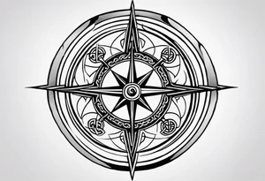 A compass with a labyrinth on the inside and to Celtic swords going through the center of the compass tattoo idea