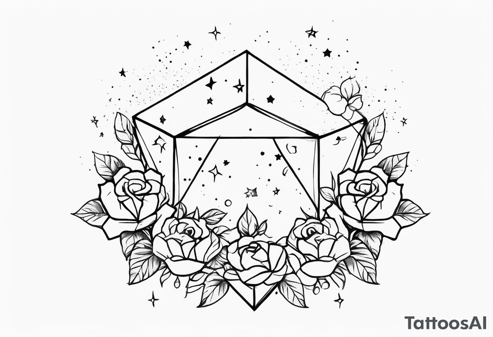 Tesseract with clouds and a field of small roses and stars around it tattoo idea