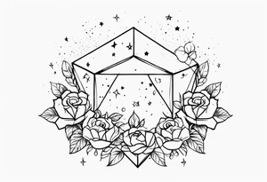 Tesseract with clouds and a field of small roses and stars around it tattoo idea
