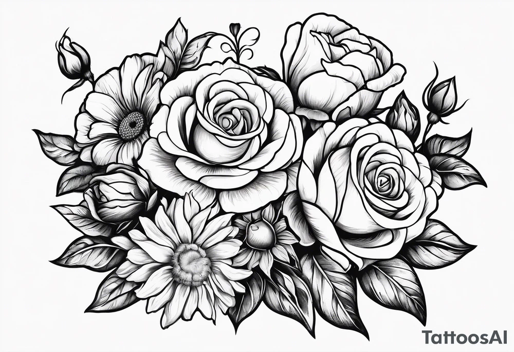 Roses, marigolds, cosmos, daisies, sweet peas and sunflowers tattoo idea