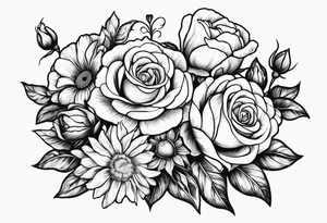 Roses, marigolds, cosmos, daisies, sweet peas and sunflowers tattoo idea