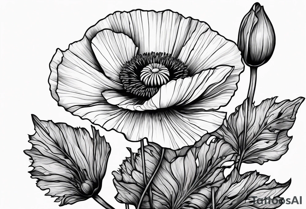 Powerful poppy plant growing out of sharp rock tattoo idea