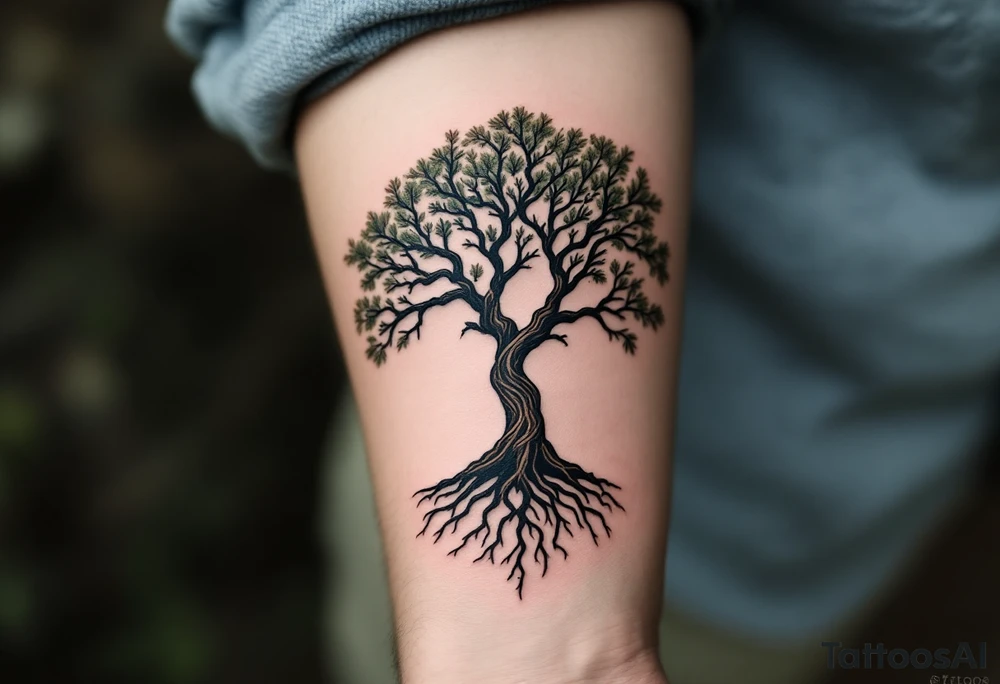 An old oak tree with twisting roots and strong branches, each branch labeled with names: Anna, Michael, Eli, and Rose in flowing script. Muted green leaves, brown bark, and faded blue sky background. tattoo idea