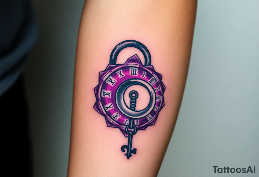 A deep purple crystal lock with glowing runes, and a crescent moon-shaped key radiating a mystical aura tattoo idea
