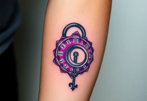 A deep purple crystal lock with glowing runes, and a crescent moon-shaped key radiating a mystical aura tattoo idea