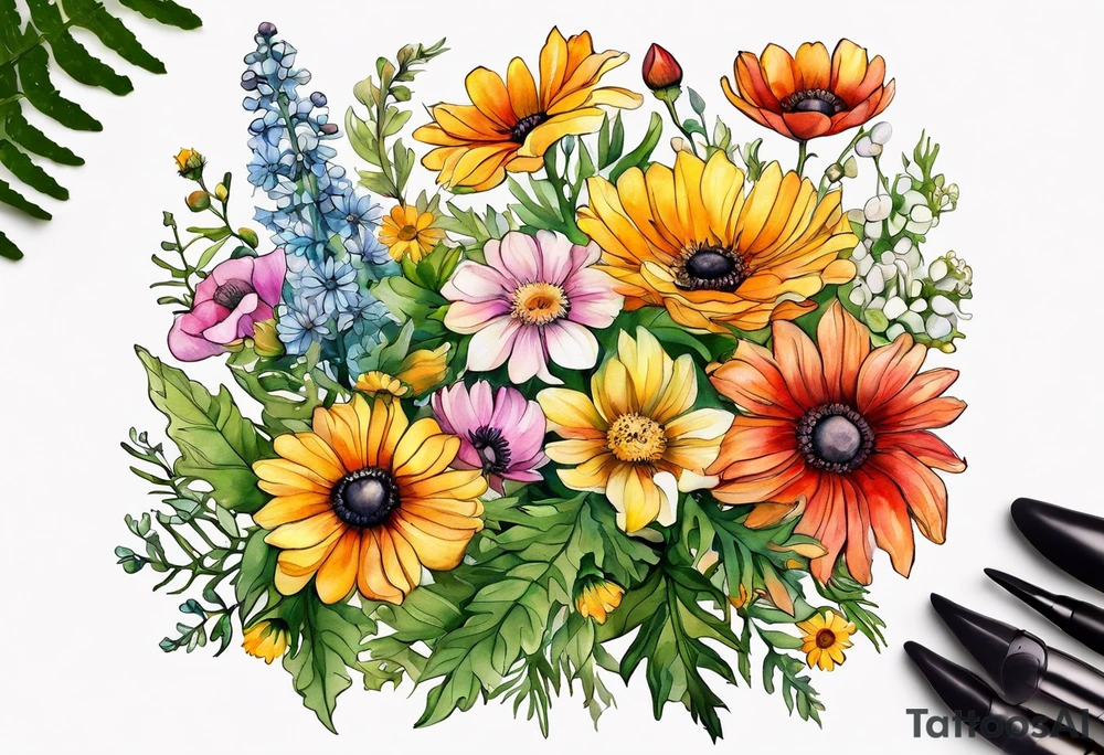 simple wildflowers cascading with thistles, ferns, white anemones, sun flowers, yellow flowers, red flowers, pink flowers, green flowers, buttercups, orange flowers, babys breath and daisies all in watercolor tattoo idea