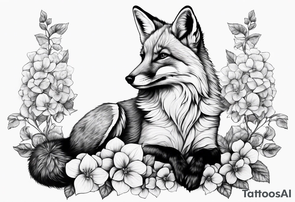 sitting fox, full body, realistic, hydrangeas tattoo idea sitting fox, full body, realistic, hydrangeas tattoo idea