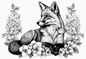 sitting fox, full body, realistic, hydrangeas tattoo idea