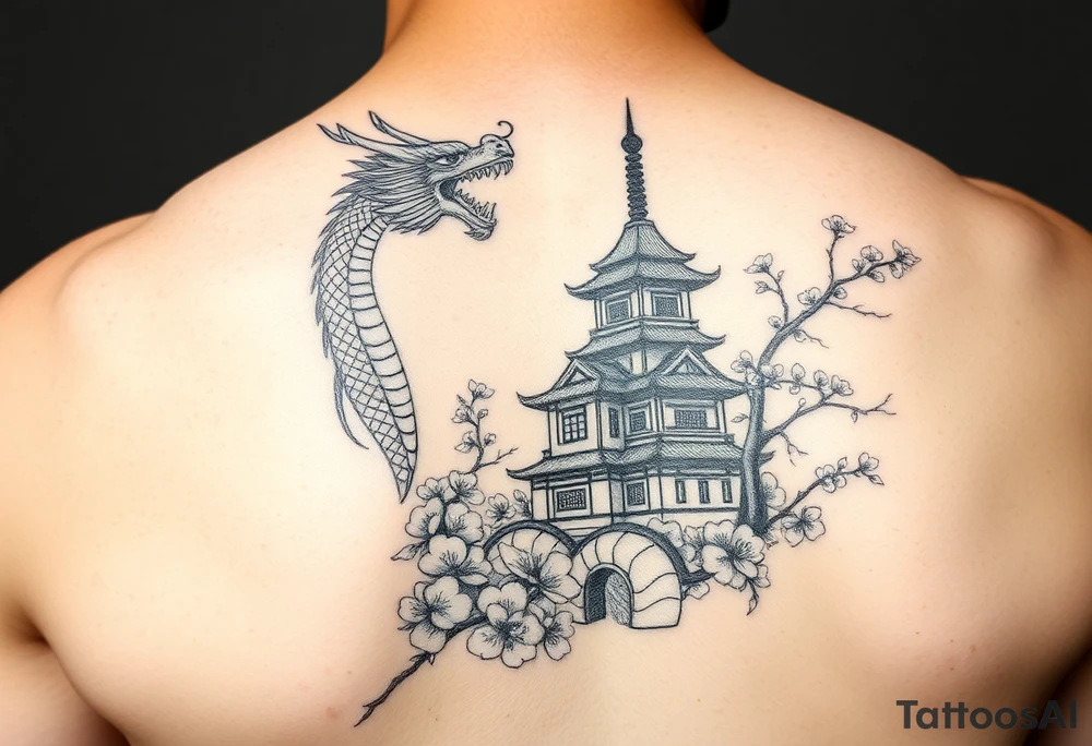 Dragon and Chinese castle with cherry blossoms tattoo idea