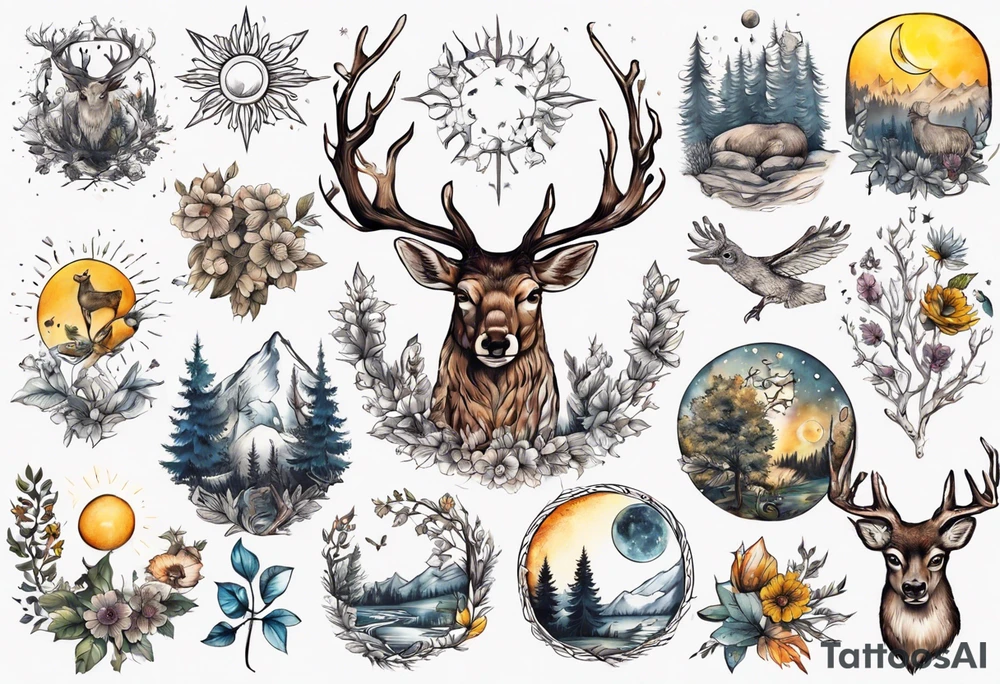 wasser, sonne, mond, eule  wald, hirsch, blume des lebens, 
baum, berlin tattoo idea