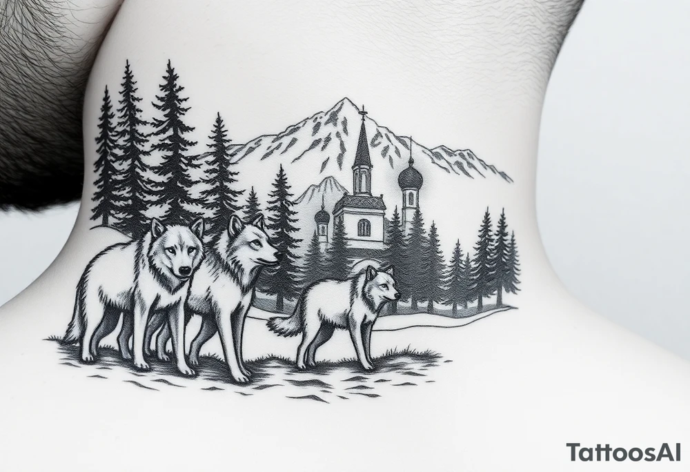 Nature/Landscape

Wolves in a pine forest (extending the tree line you already have)
A Russian bear emerging from the treeline
Snow-capped mountains behind the church scene tattoo idea