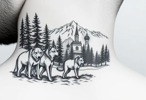 Nature/Landscape

Wolves in a pine forest (extending the tree line you already have)
A Russian bear emerging from the treeline
Snow-capped mountains behind the church scene tattoo idea